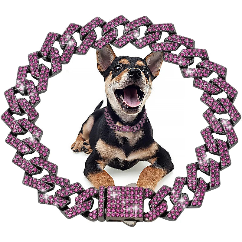 Diamond Cuban Dog Chain Collar – Metal Walking Collar with Secure Buckle, Pet Jewelry