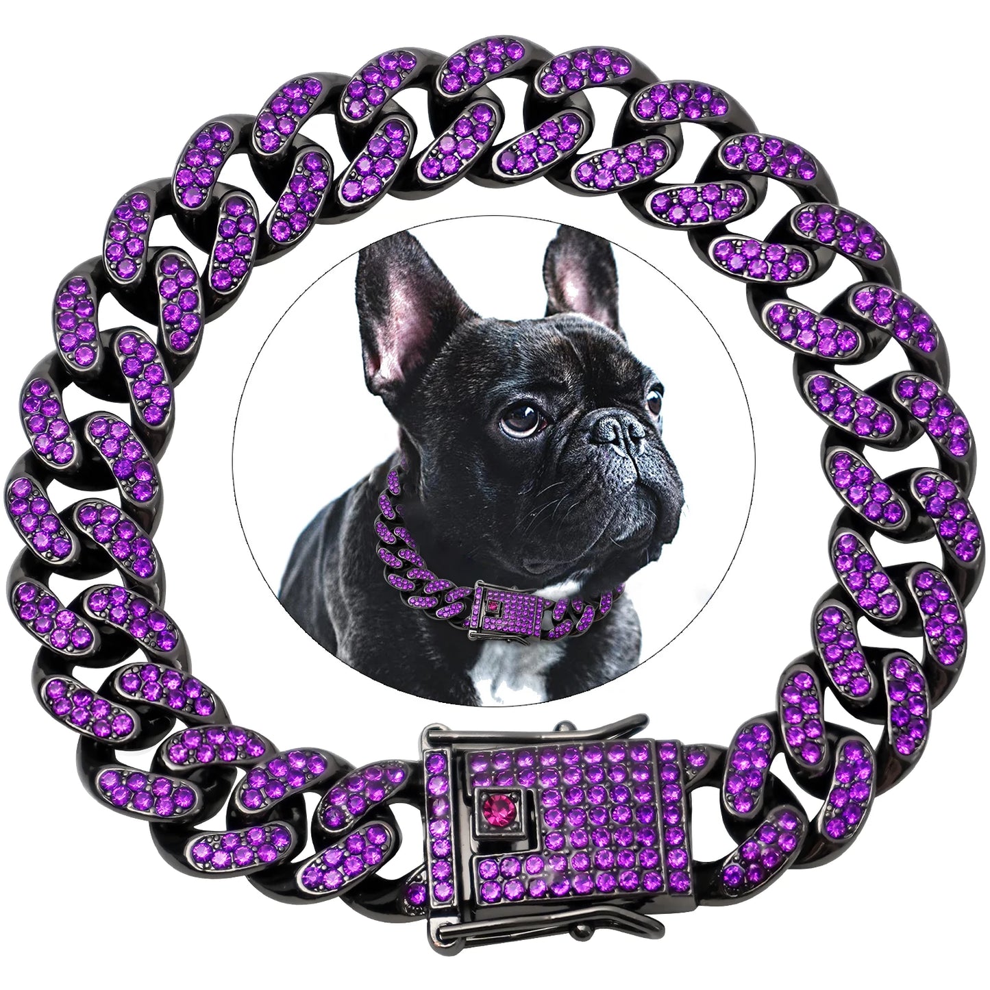 Diamond Cuban Dog Chain Collar – Metal Walking Collar with Secure Buckle, Pet Jewelry