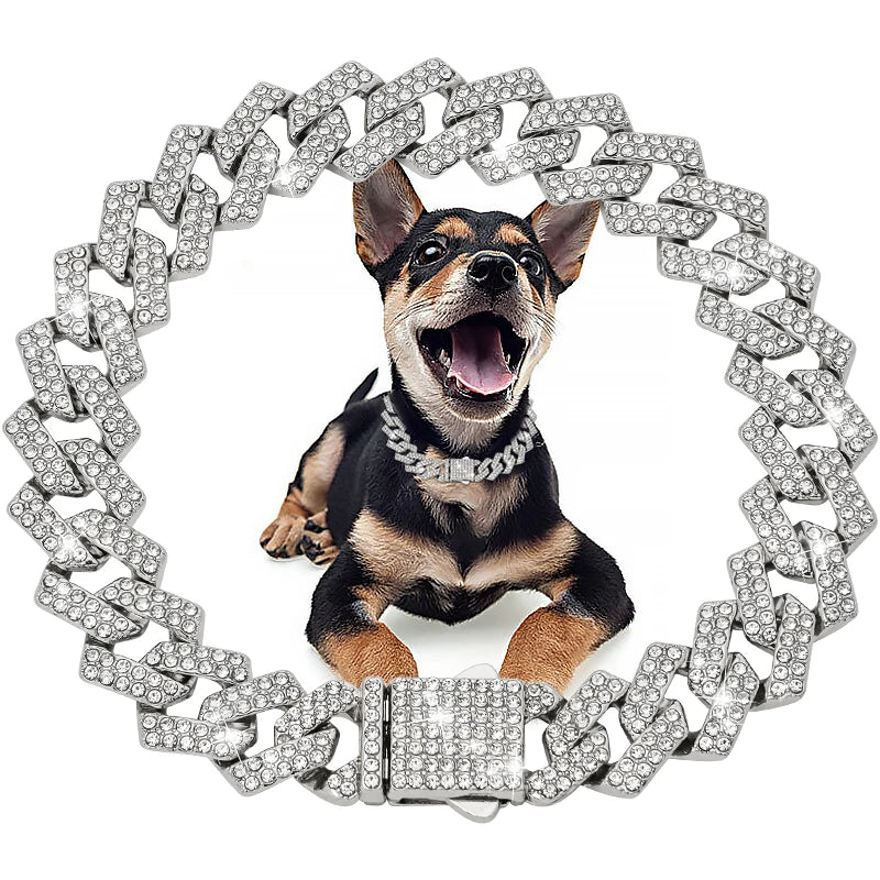 Diamond Cuban Dog Chain Collar – Metal Walking Collar with Secure Buckle, Pet Jewelry
