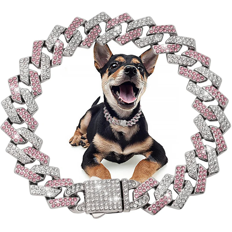 Diamond Cuban Dog Chain Collar – Metal Walking Collar with Secure Buckle, Pet Jewelry