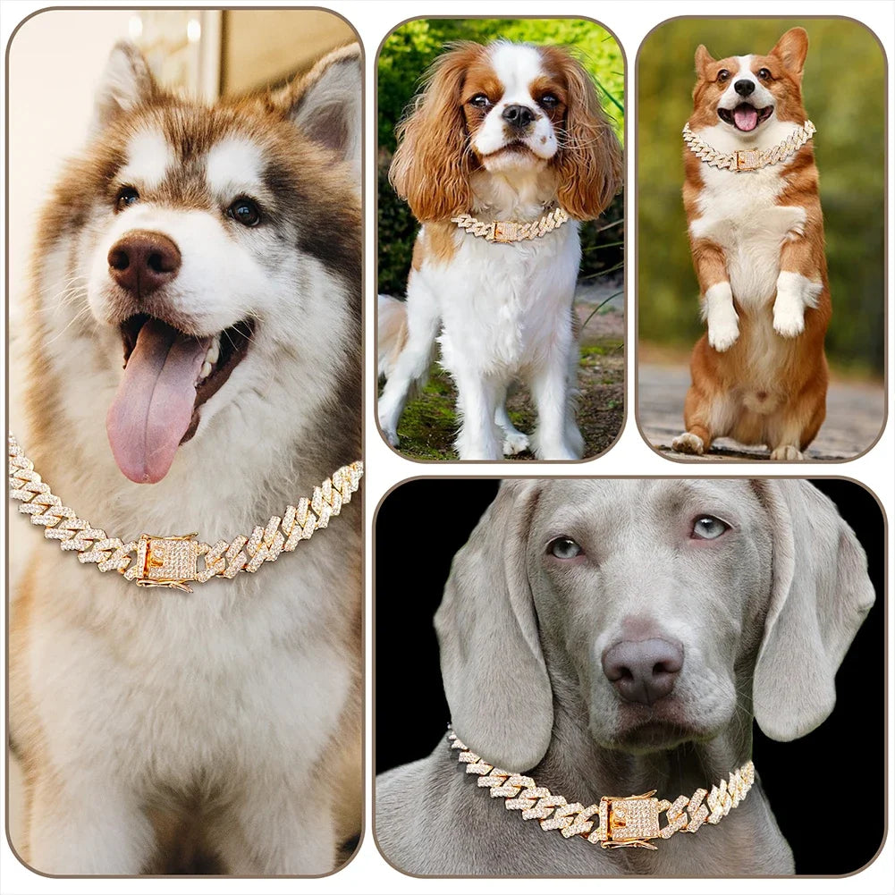 Diamond Cuban Dog Chain Collar – Metal Walking Collar with Secure Buckle, Pet Jewelry