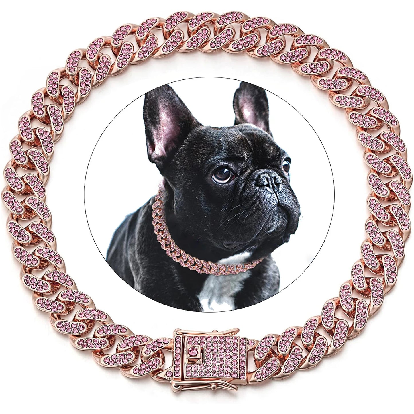Diamond Cuban Dog Chain Collar – Metal Walking Collar with Secure Buckle, Pet Jewelry