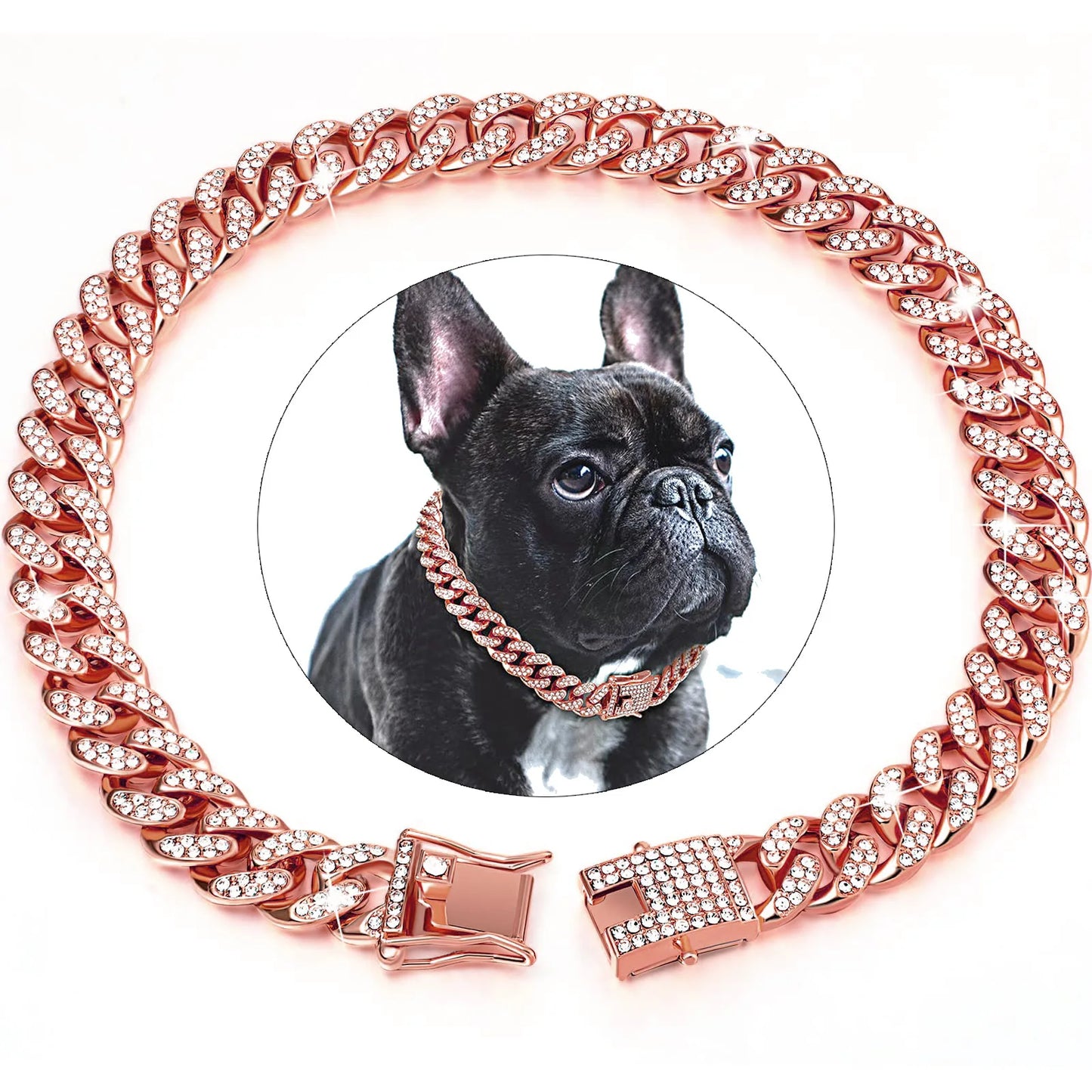 Diamond Cuban Dog Chain Collar – Metal Walking Collar with Secure Buckle, Pet Jewelry