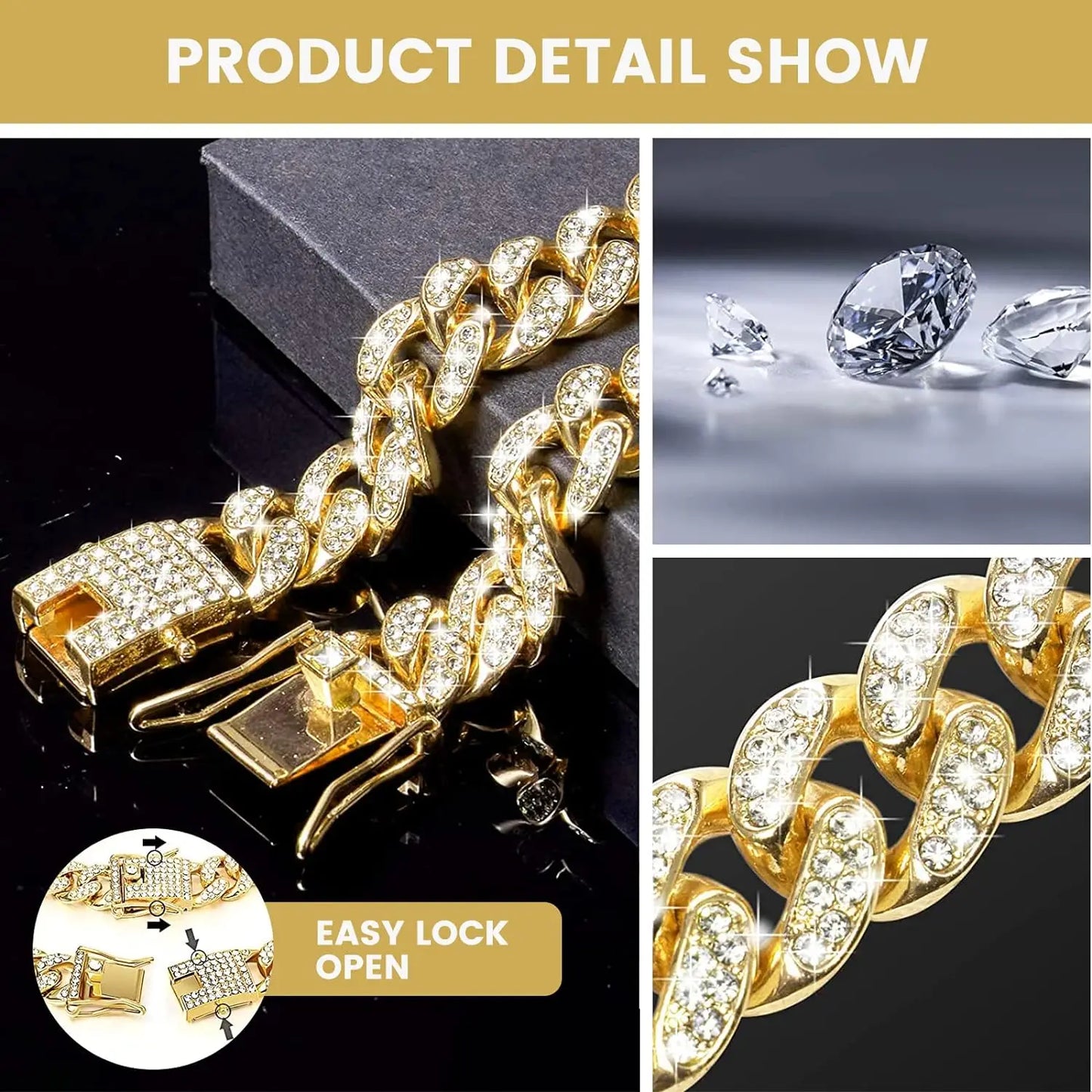 Diamond Cuban Dog Chain Collar – Metal Walking Collar with Secure Buckle, Pet Jewelry