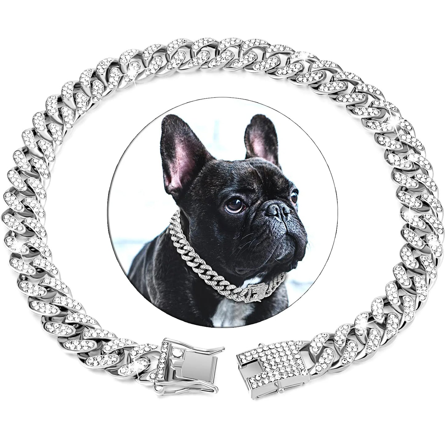 Diamond Cuban Dog Chain Collar – Metal Walking Collar with Secure Buckle, Pet Jewelry