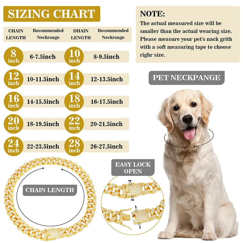Diamond Cuban Dog Chain Collar – Metal Walking Collar with Secure Buckle, Pet Jewelry