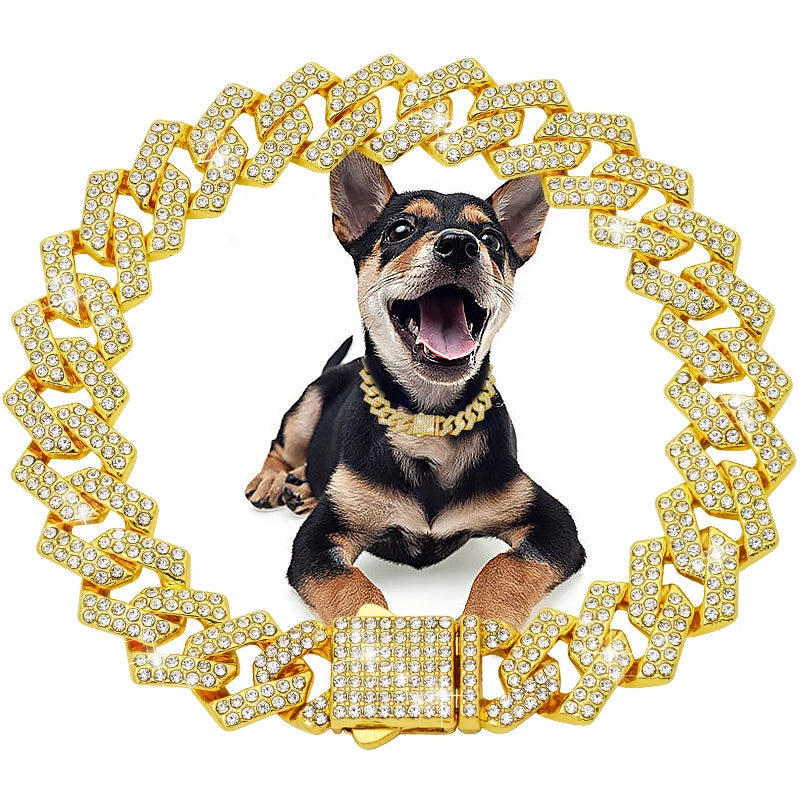 Diamond Cuban Dog Chain Collar – Metal Walking Collar with Secure Buckle, Pet Jewelry