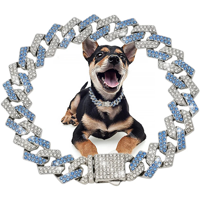 Diamond Cuban Dog Chain Collar – Metal Walking Collar with Secure Buckle, Pet Jewelry