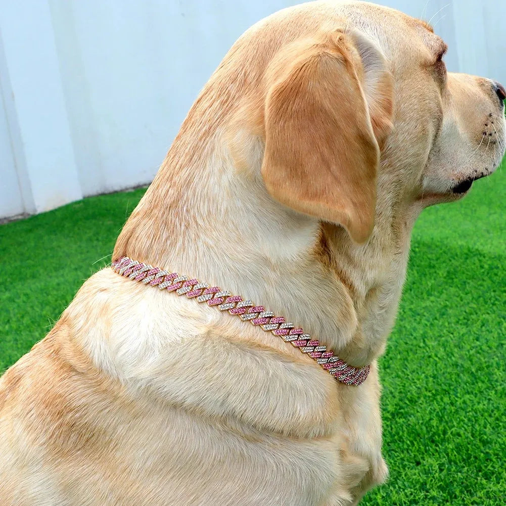Diamond Cuban Dog Chain Collar – Metal Walking Collar with Secure Buckle, Pet Jewelry