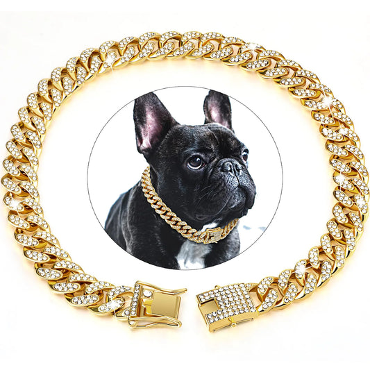 Diamond Cuban Dog Chain Collar – Metal Walking Collar with Secure Buckle, Pet Jewelry