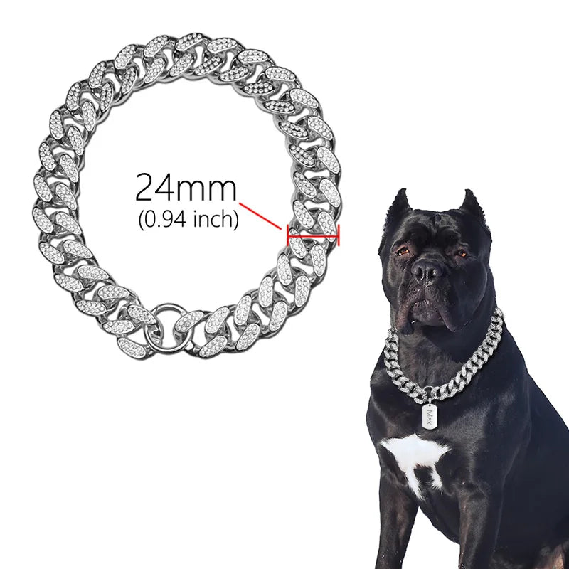 ABS Plastic Dog Collar Chain – Diamond Inlay Sparkle Bulldog Necklace for Small to Large Dogs