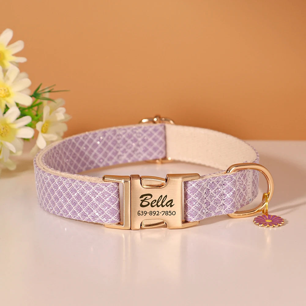 Custom Bling Nylon Dog Collar – Engraved ID Name Tag with Cute Flower Accessory for Small to Medium Dogs & Cats