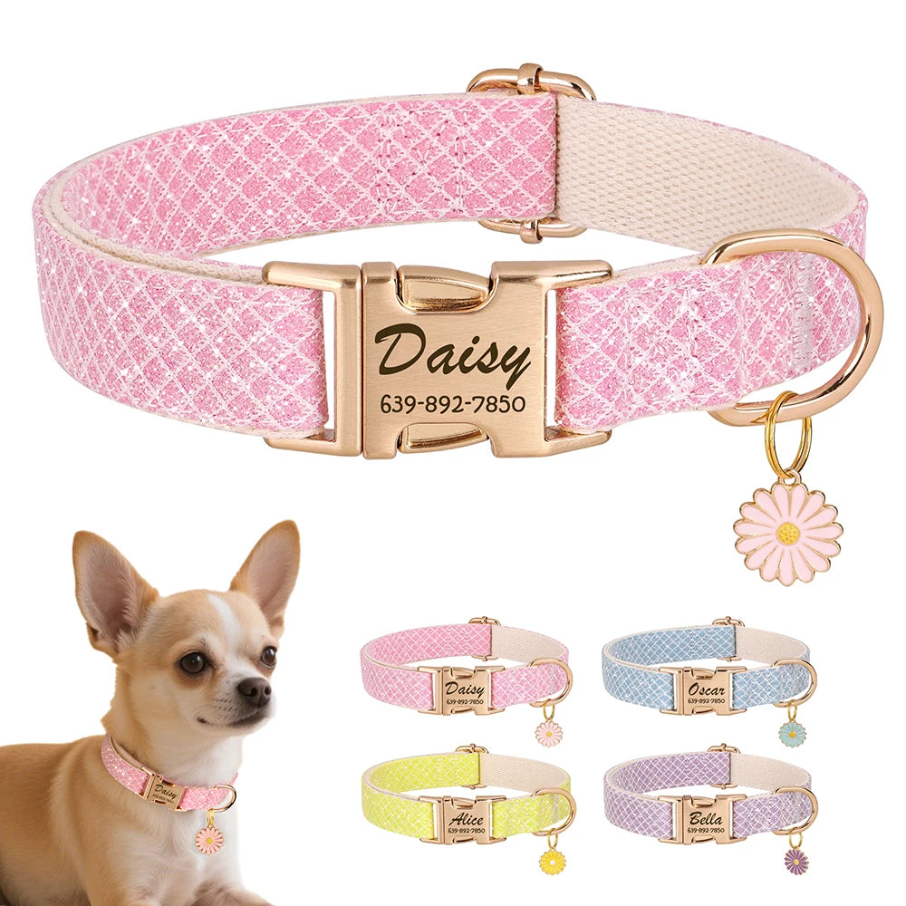 Custom Bling Nylon Dog Collar – Engraved ID Name Tag with Cute Flower Accessory for Small to Medium Dogs & Cats