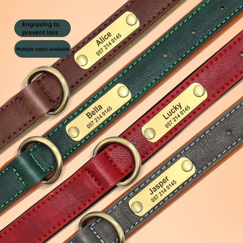 Personalized Leather Dog Collar – Soft Padded ID Nameplate with Free Engraving for Small, Medium & Large Dogs