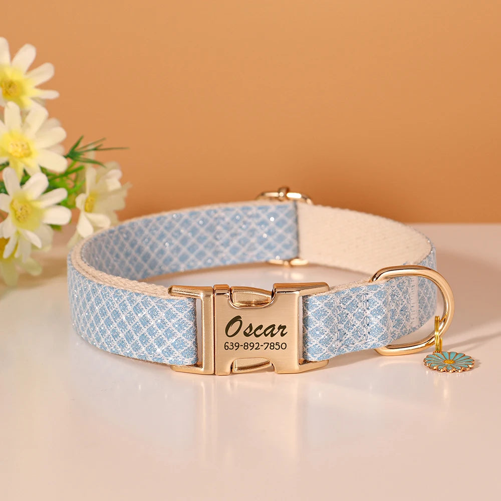 Custom Bling Nylon Dog Collar – Engraved ID Name Tag with Cute Flower Accessory for Small to Medium Dogs & Cats