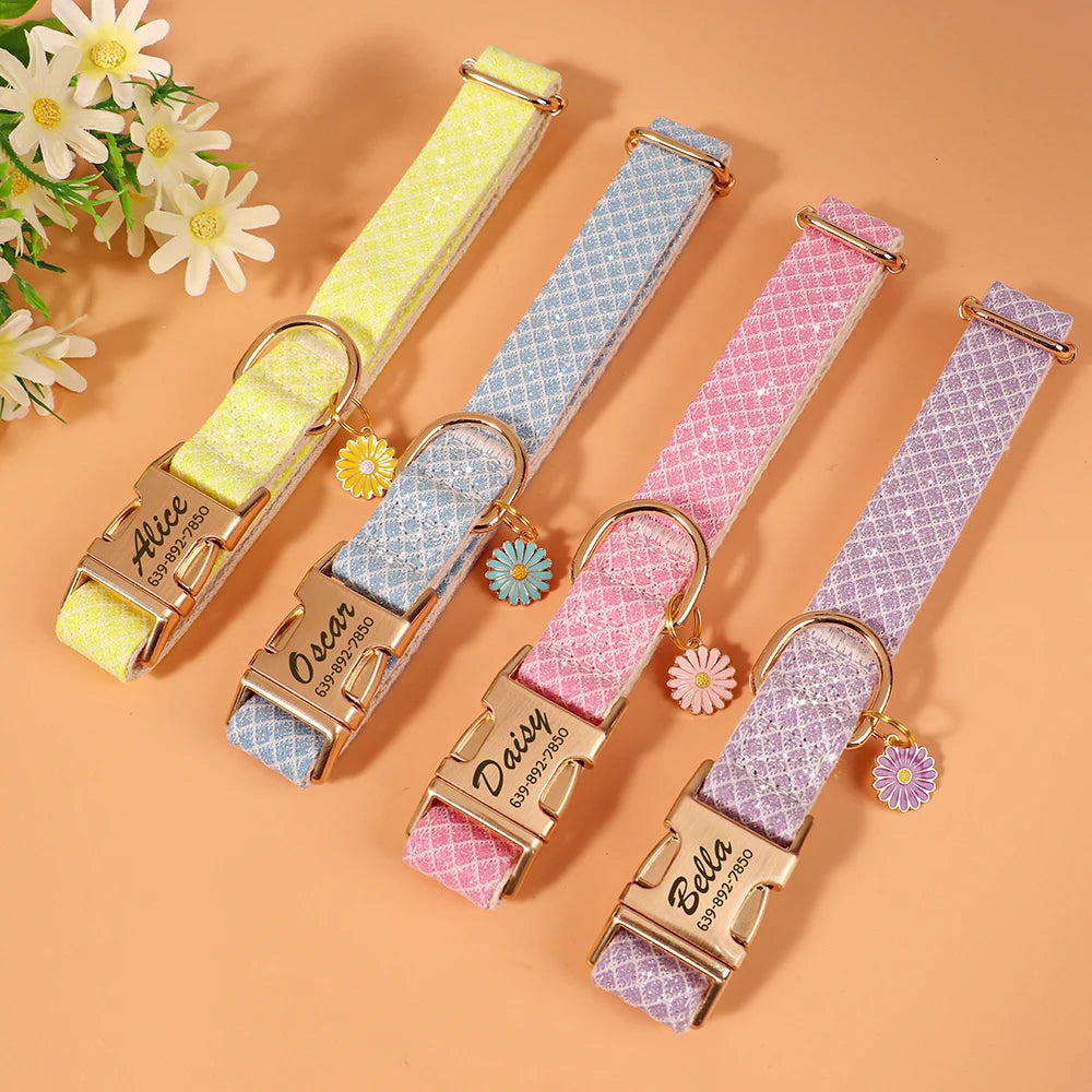 Custom Bling Nylon Dog Collar – Engraved ID Name Tag with Cute Flower Accessory for Small to Medium Dogs & Cats
