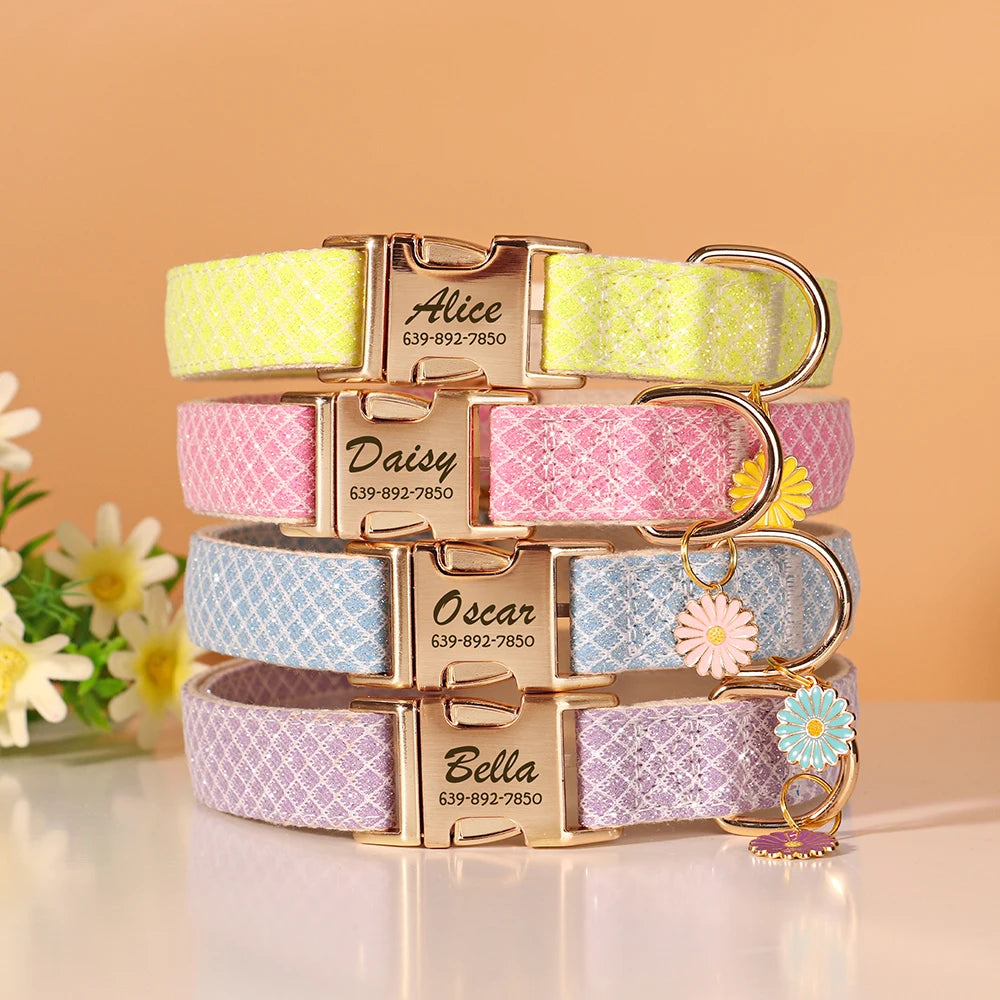 Custom Bling Nylon Dog Collar – Engraved ID Name Tag with Cute Flower Accessory for Small to Medium Dogs & Cats