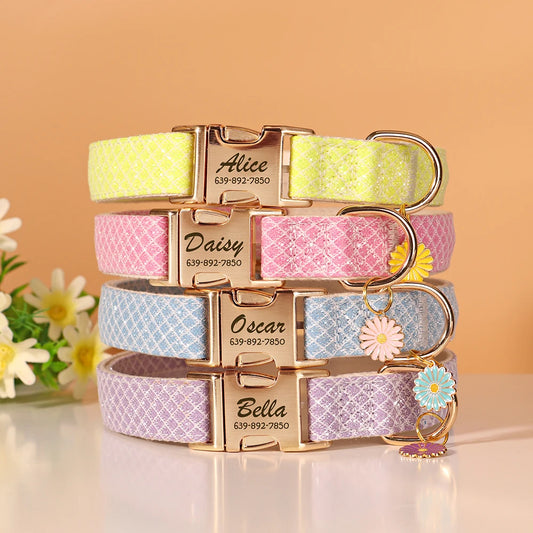 Custom Bling Nylon Dog Collar – Engraved ID Name Tag with Cute Flower Accessory for Small to Medium Dogs & Cats