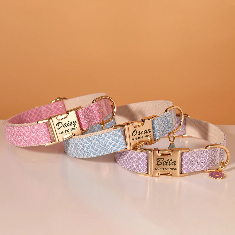Custom Bling Nylon Dog Collar – Engraved ID Name Tag with Cute Flower Accessory for Small to Medium Dogs & Cats
