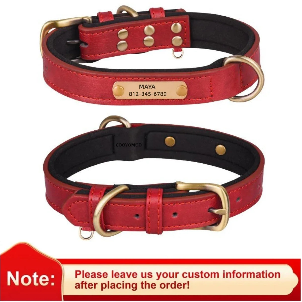 Personalized Leather Dog Collar – Soft Padded ID Nameplate with Free Engraving for Small, Medium & Large Dogs