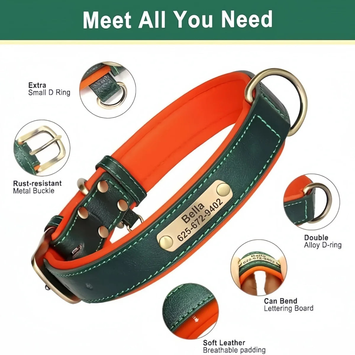 Personalized Leather Dog Collar – Soft Padded ID Nameplate with Free Engraving for Small, Medium & Large Dogs