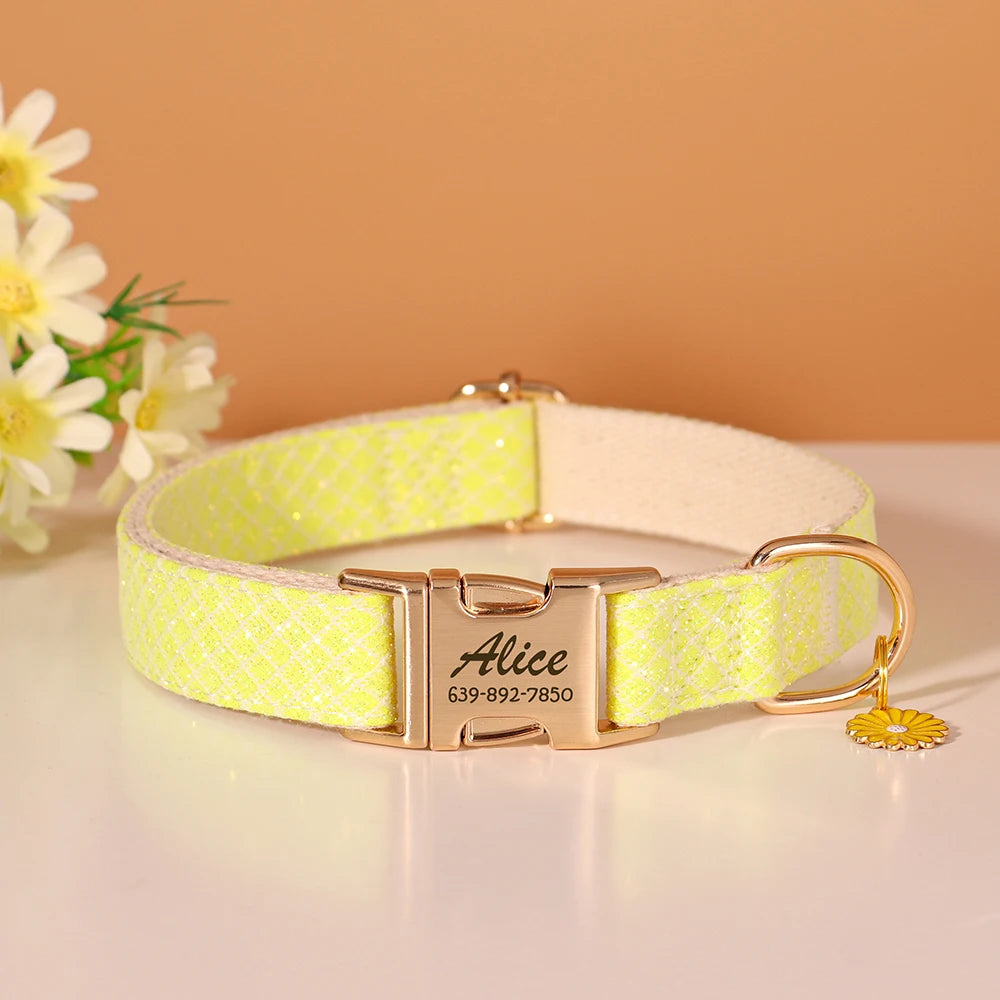 Custom Bling Nylon Dog Collar – Engraved ID Name Tag with Cute Flower Accessory for Small to Medium Dogs & Cats