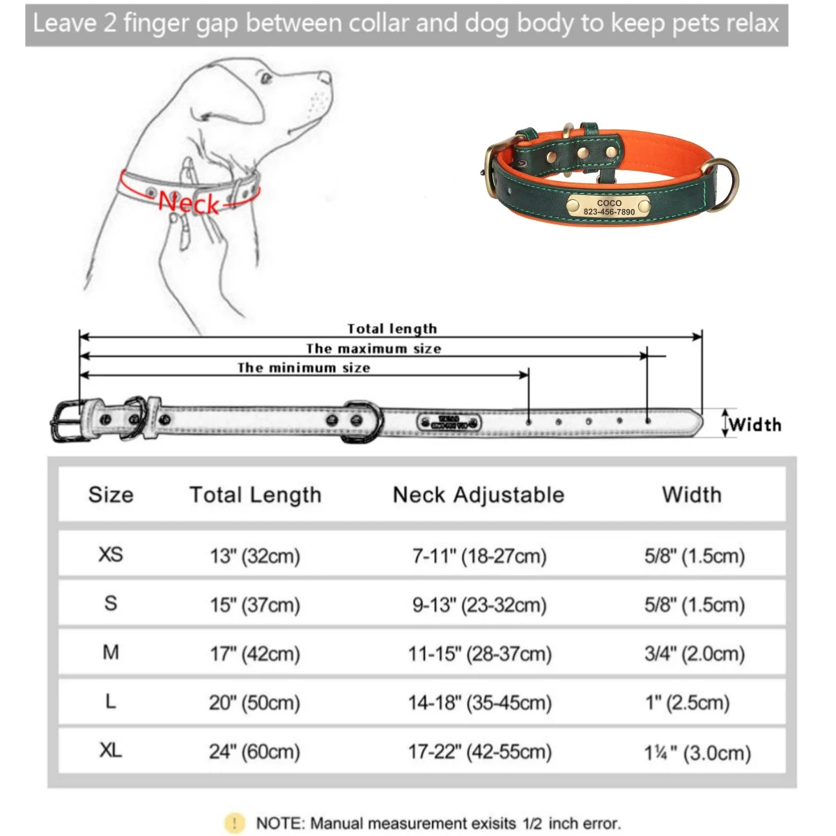 Personalized Leather Dog Collar – Soft Padded ID Nameplate with Free Engraving for Small, Medium & Large Dogs