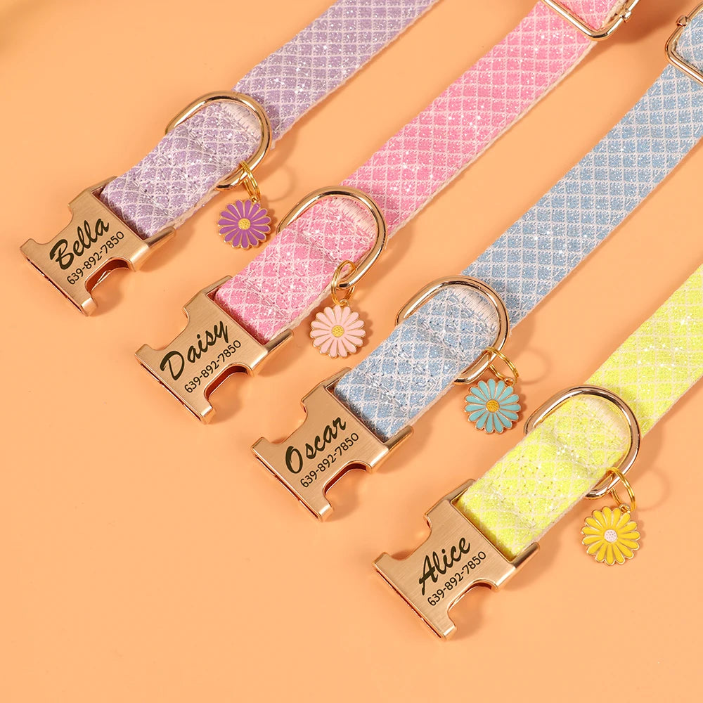 Custom Bling Nylon Dog Collar – Engraved ID Name Tag with Cute Flower Accessory for Small to Medium Dogs & Cats