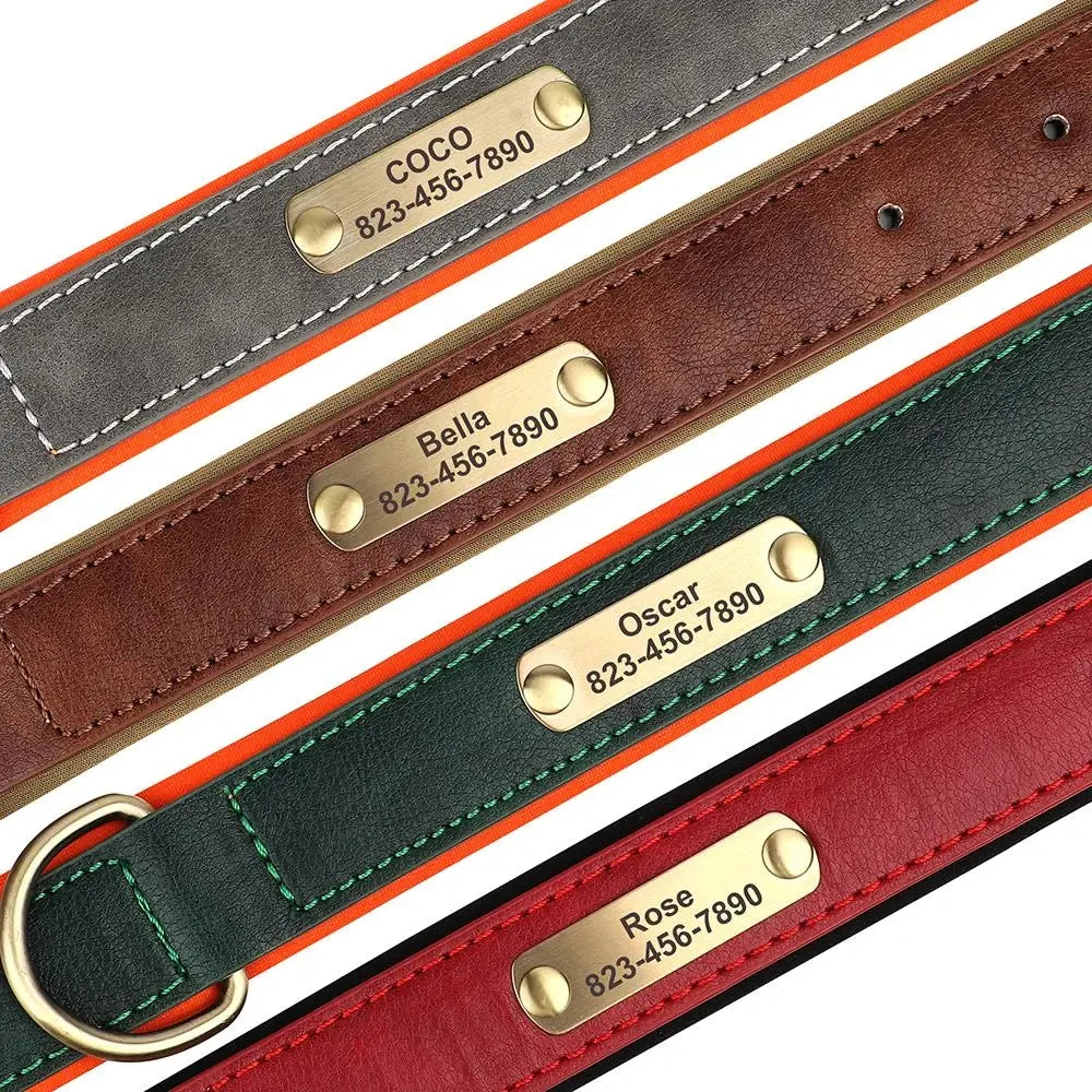 Personalized Leather Dog Collar – Soft Padded ID Nameplate with Free Engraving for Small, Medium & Large Dogs