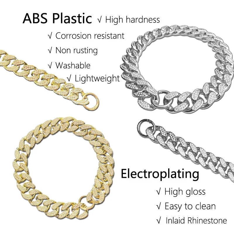 ABS Plastic Dog Collar Chain – Diamond Inlay Sparkle Bulldog Necklace for Small to Large Dogs