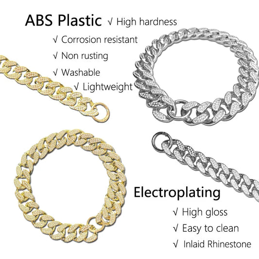 ABS Plastic Dog Collar Chain – Diamond Inlay Sparkle Bulldog Necklace for Small to Large Dogs