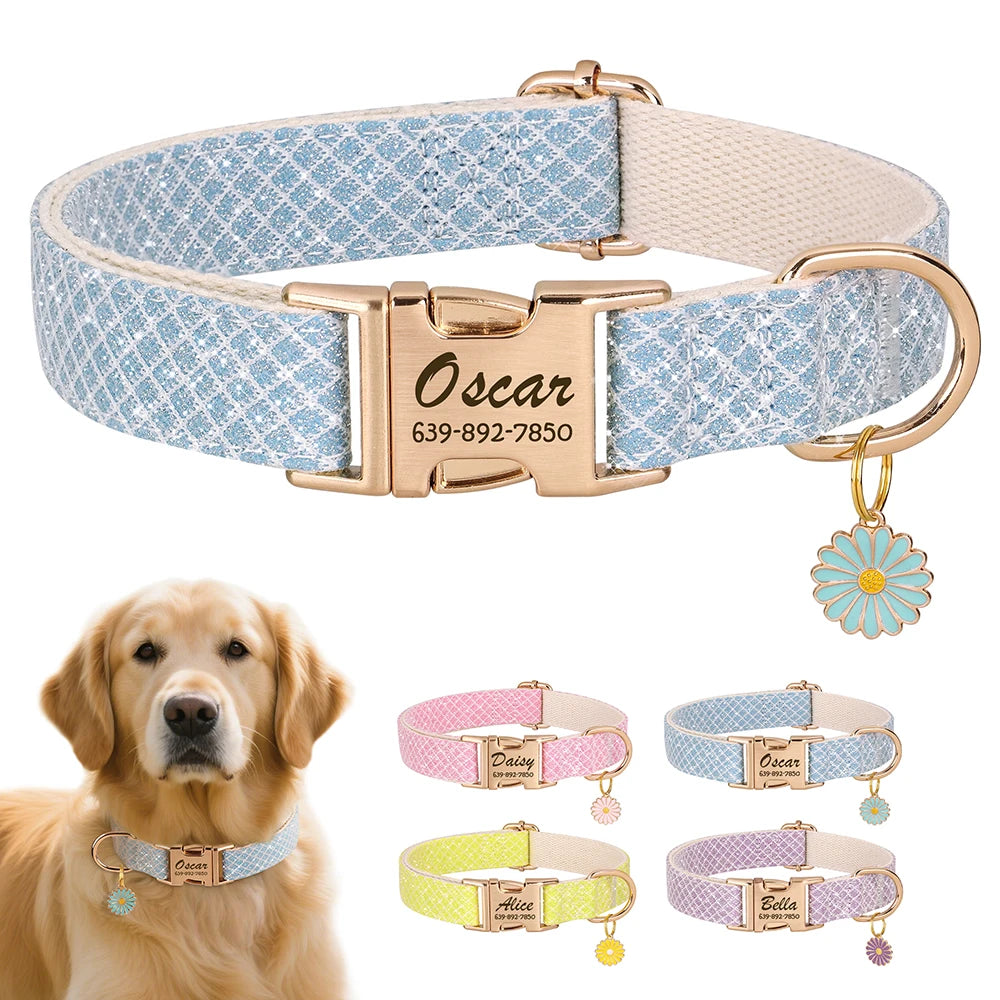 Custom Bling Nylon Dog Collar – Engraved ID Name Tag with Cute Flower Accessory for Small to Medium Dogs & Cats