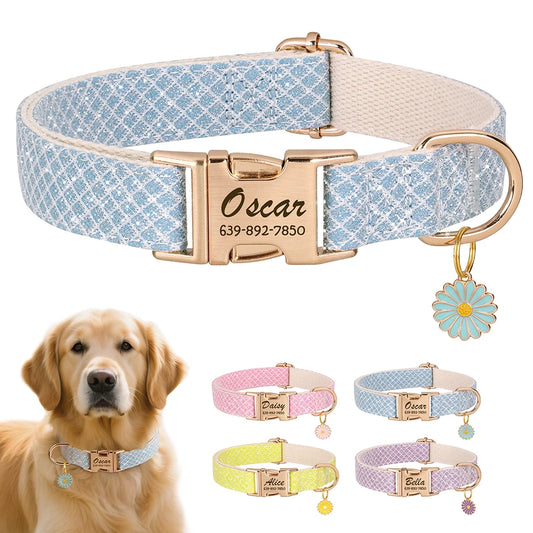 Custom Bling Nylon Dog Collar – Engraved ID Name Tag with Cute Flower Accessory for Small to Medium Dogs & Cats