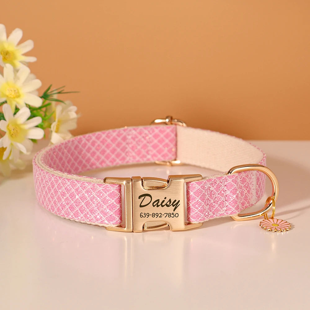 Custom Bling Nylon Dog Collar – Engraved ID Name Tag with Cute Flower Accessory for Small to Medium Dogs & Cats